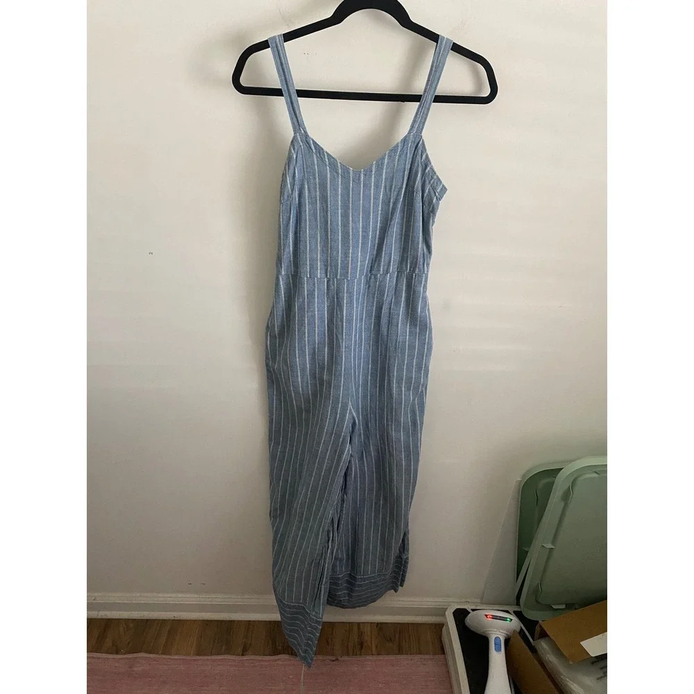 Blue‎ White 100% Cotton Striped Wide Leg Jumpsuit XS Pockets Herringbone